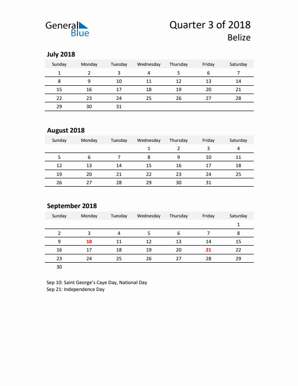 2018 Three-Month Calendar for Belize