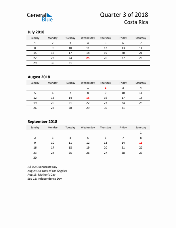 2018 Three-Month Calendar for Costa Rica