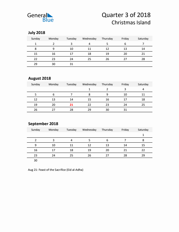 2018 Three-Month Calendar for Christmas Island