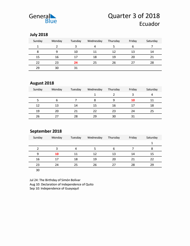 2018 Three-Month Calendar for Ecuador
