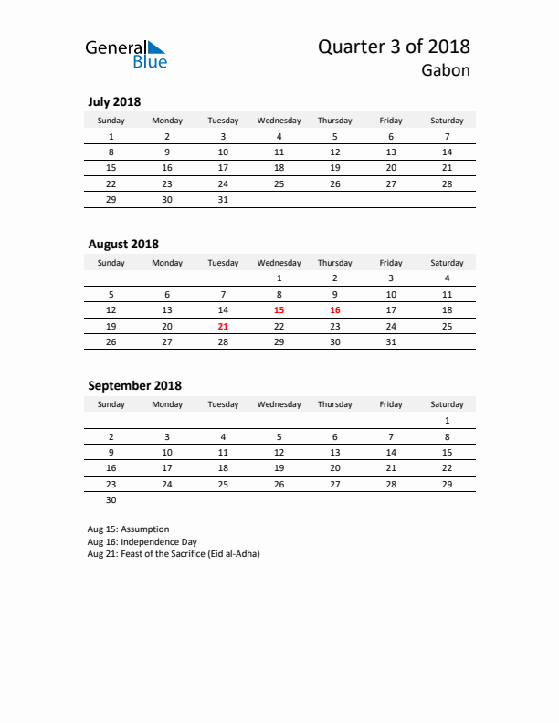 2018 Three-Month Calendar for Gabon