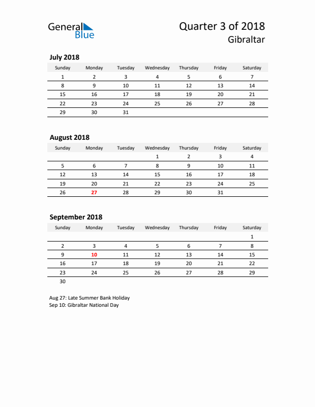 2018 Three-Month Calendar for Gibraltar