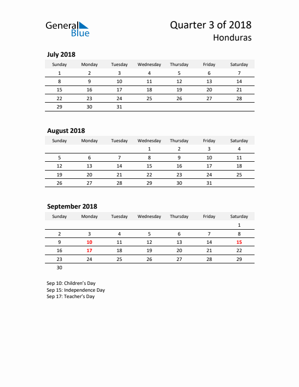 2018 Three-Month Calendar for Honduras