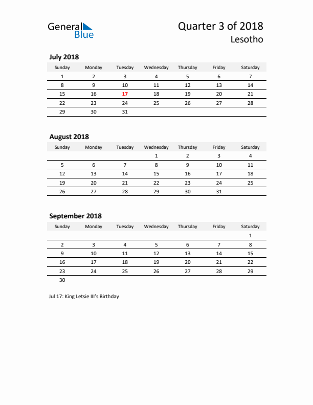 2018 Three-Month Calendar for Lesotho