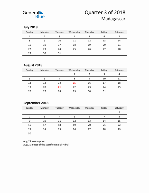 2018 Three-Month Calendar for Madagascar
