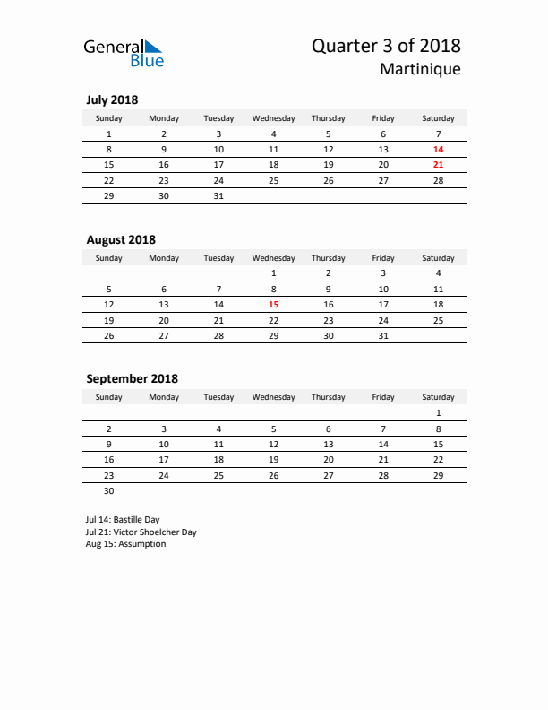 2018 Three-Month Calendar for Martinique
