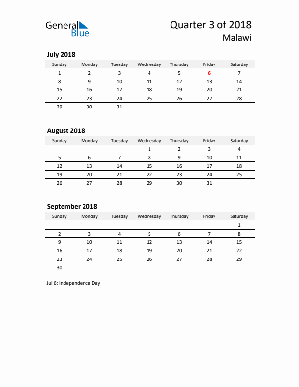 2018 Three-Month Calendar for Malawi