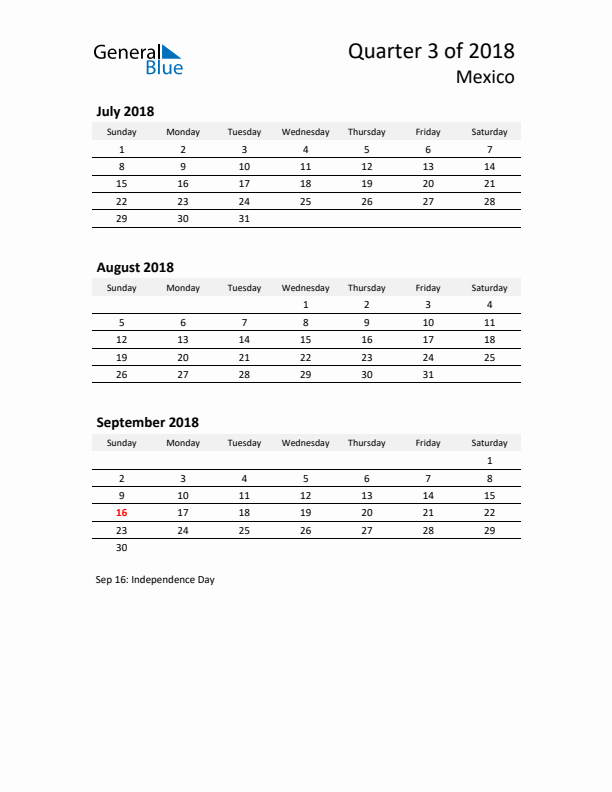 2018 Three-Month Calendar for Mexico