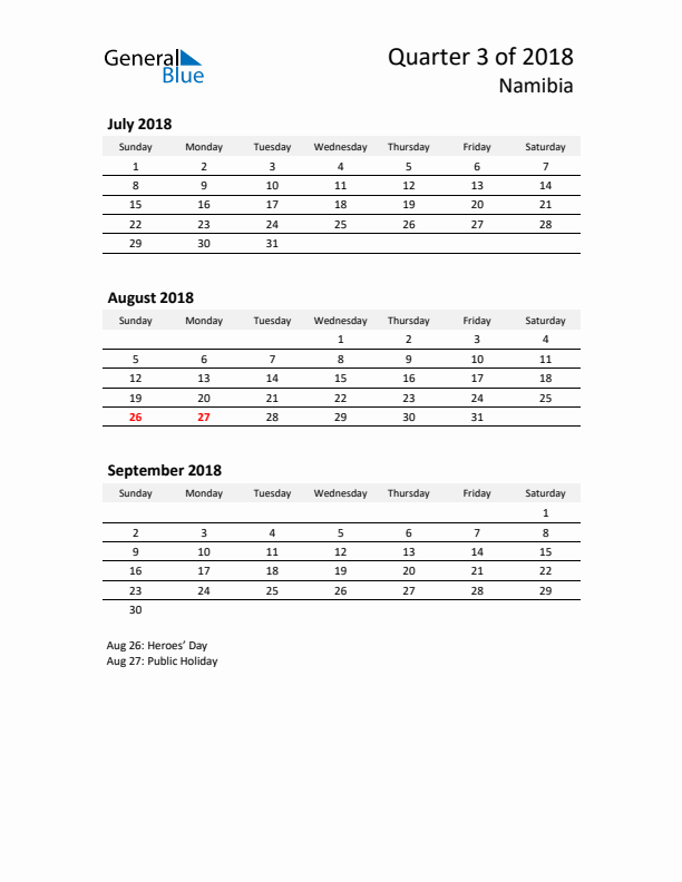 2018 Three-Month Calendar for Namibia