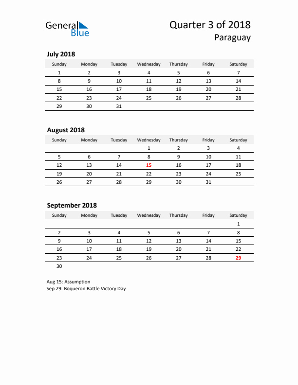 2018 Three-Month Calendar for Paraguay