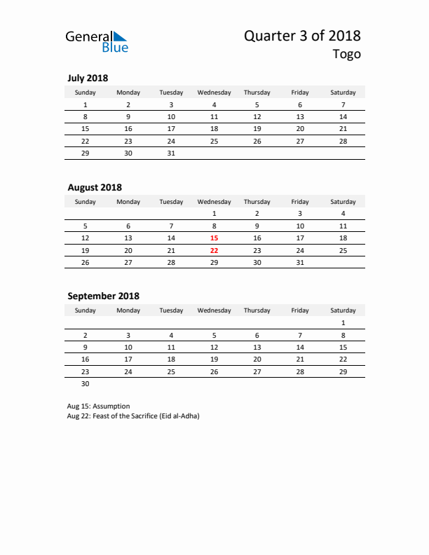2018 Three-Month Calendar for Togo