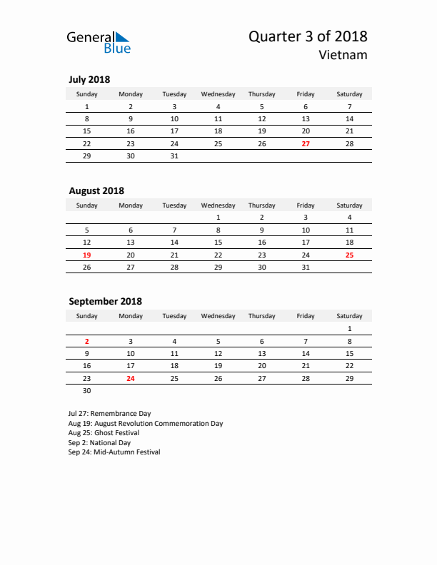 2018 Three-Month Calendar for Vietnam