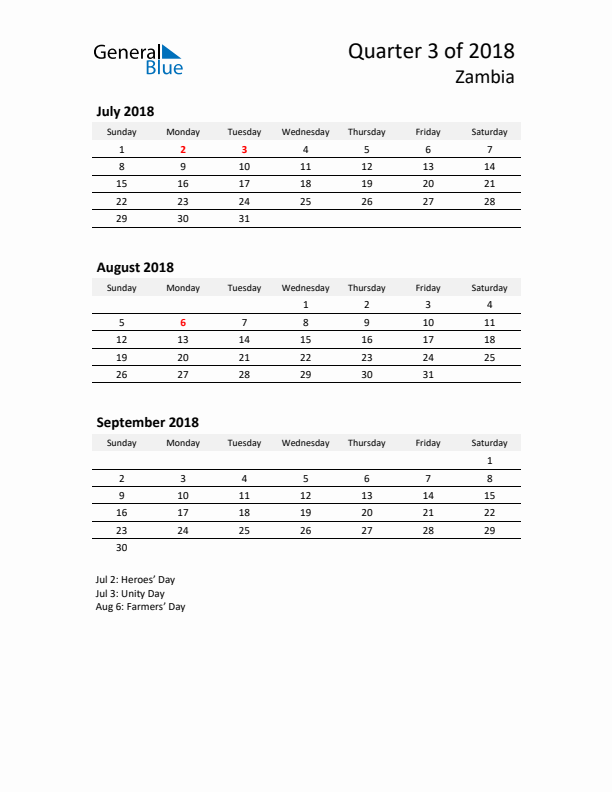 2018 Three-Month Calendar for Zambia