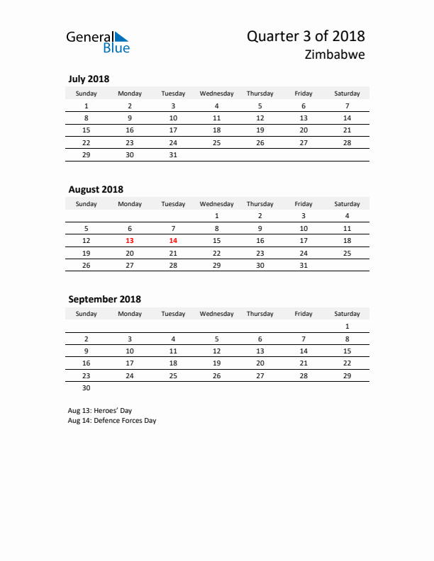 2018 Three-Month Calendar for Zimbabwe