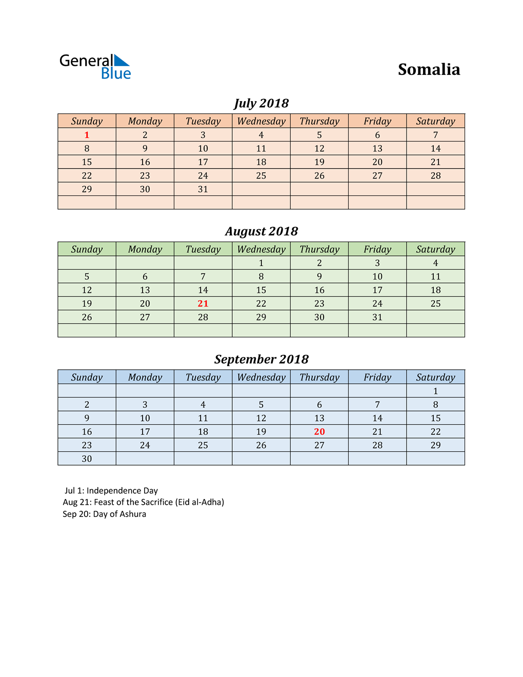  Q3 2018 Holiday Calendar - Somalia