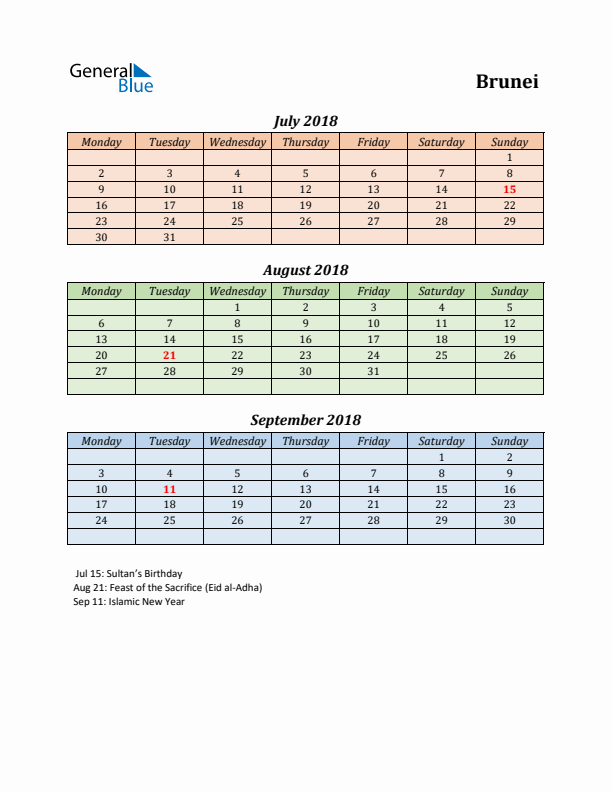 Q3 2018 Holiday Calendar - Brunei