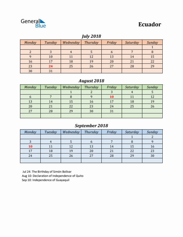 Q3 2018 Holiday Calendar - Ecuador