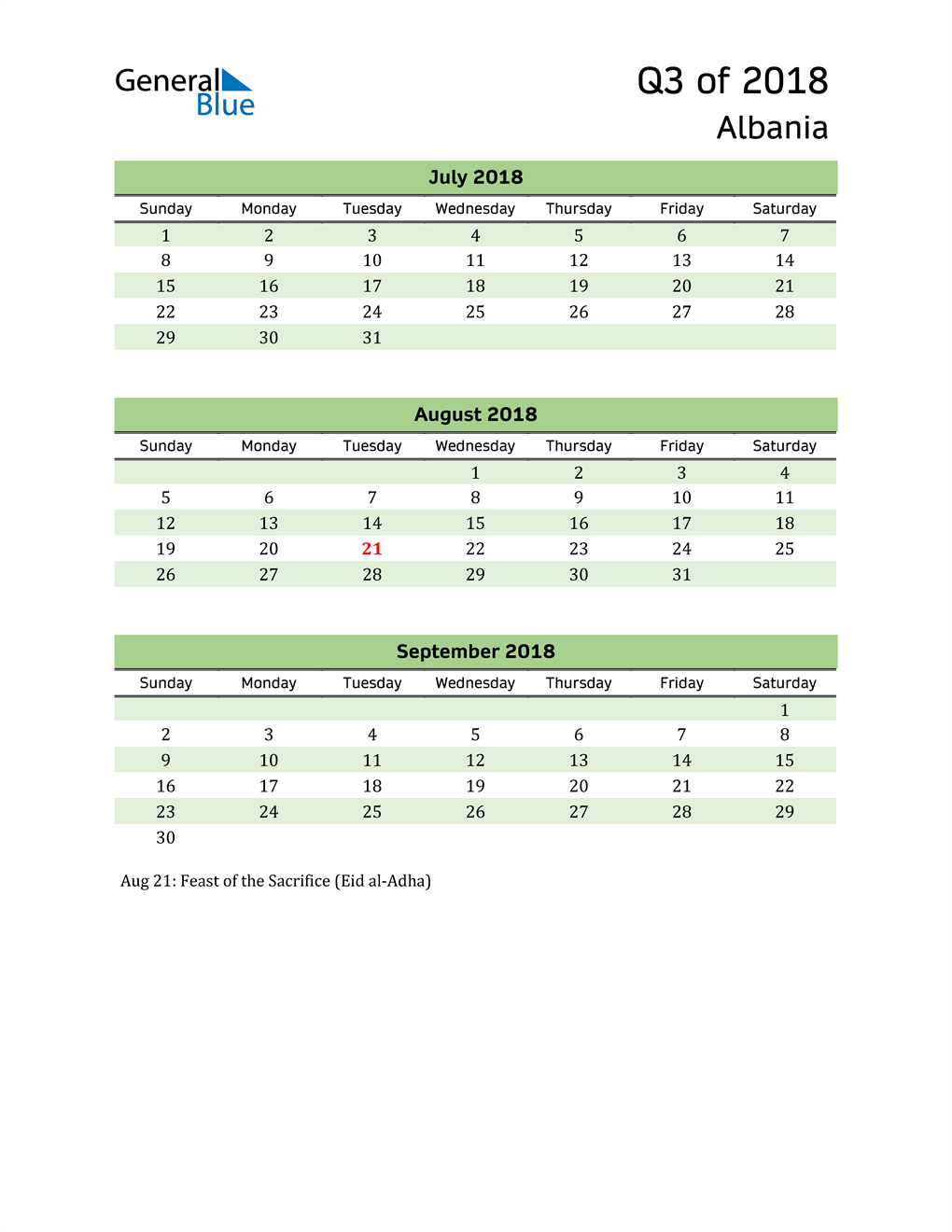  Quarterly Calendar 2018 with Albania Holidays 