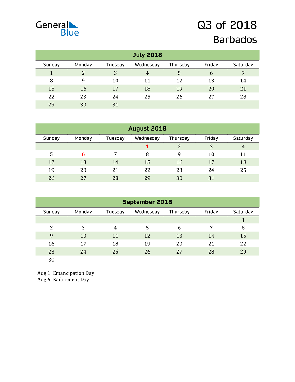  Quarterly Calendar 2018 with Barbados Holidays 