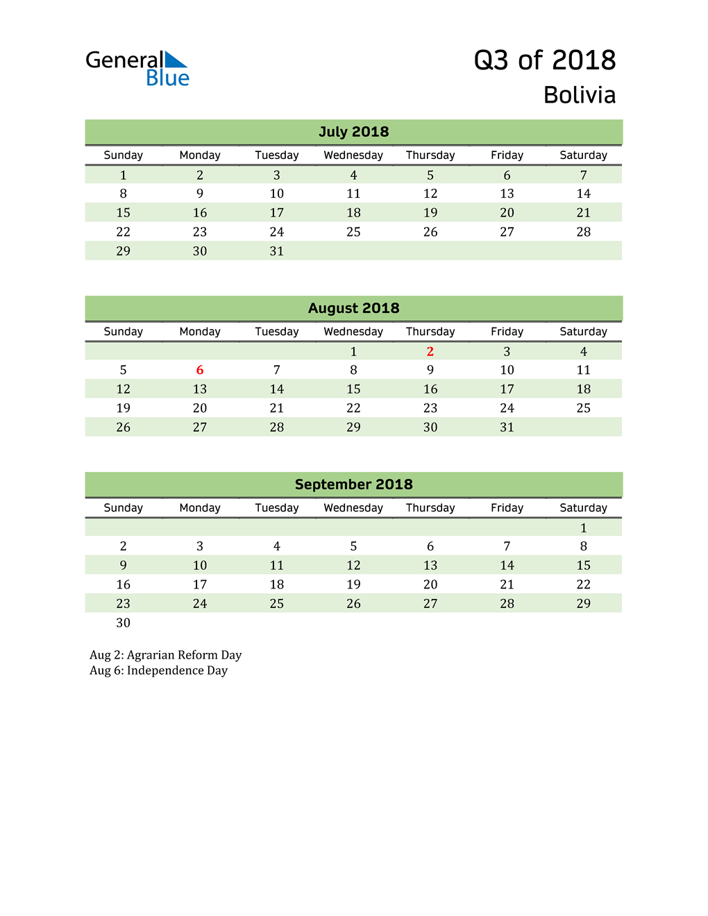  Quarterly Calendar 2018 with Bolivia Holidays 