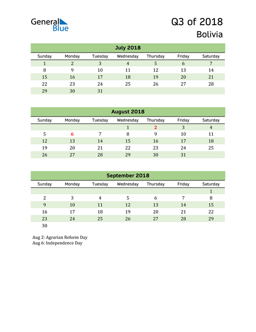  Quarterly Calendar 2018 with Bolivia Holidays 