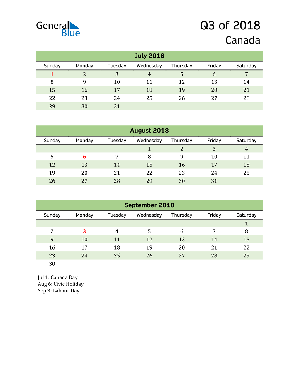  Quarterly Calendar 2018 with Canada Holidays 