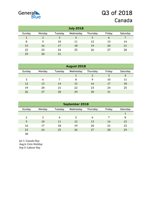  Quarterly Calendar 2018 with Canada Holidays 