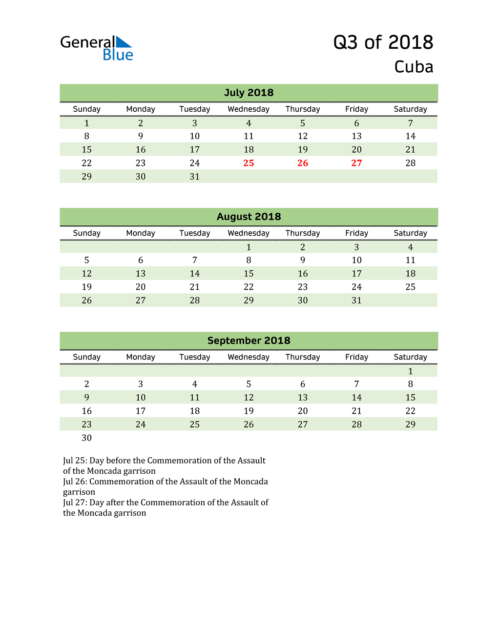 Quarterly Calendar 2018 with Cuba Holidays 