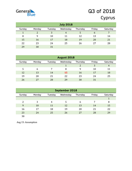  Quarterly Calendar 2018 with Cyprus Holidays 
