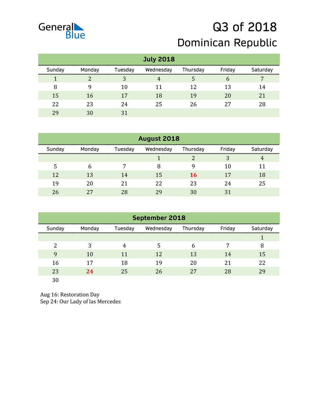  Quarterly Calendar 2018 with Dominican Republic Holidays 