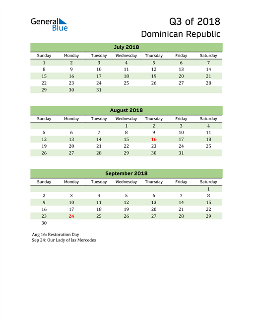  Quarterly Calendar 2018 with Dominican Republic Holidays 