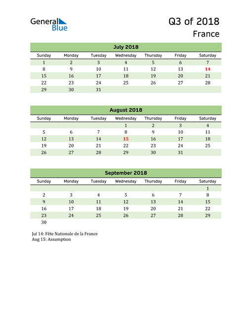  Quarterly Calendar 2018 with France Holidays 