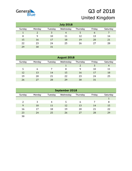  Quarterly Calendar 2018 with United Kingdom Holidays 