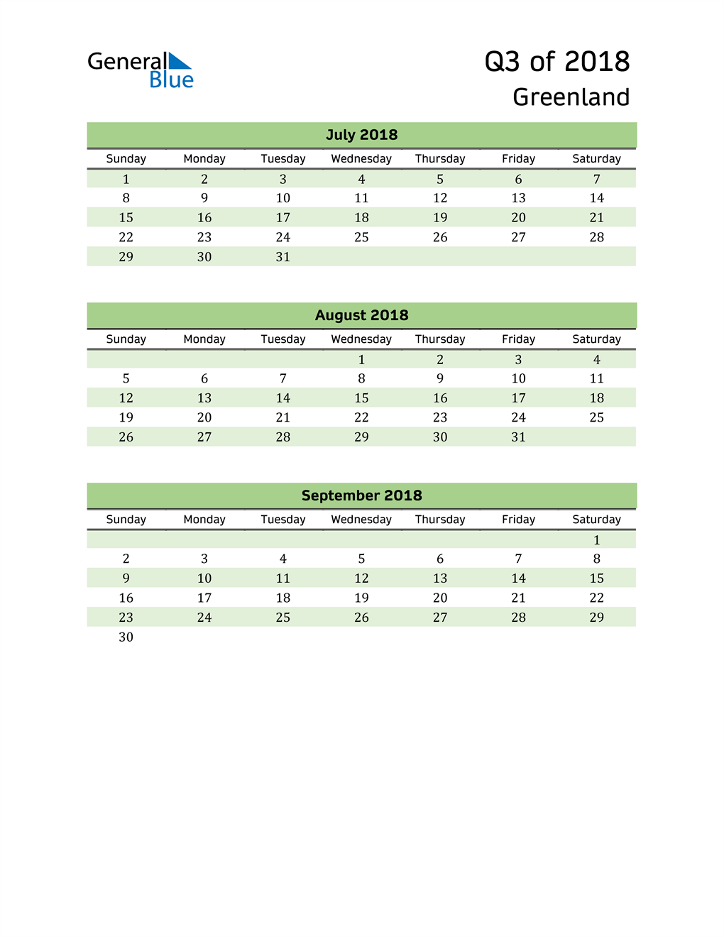  Quarterly Calendar 2018 with Greenland Holidays 