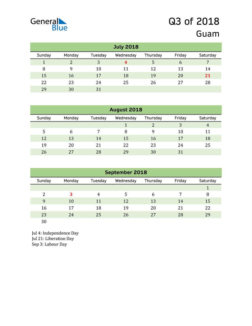  Quarterly Calendar 2018 with Guam Holidays 
