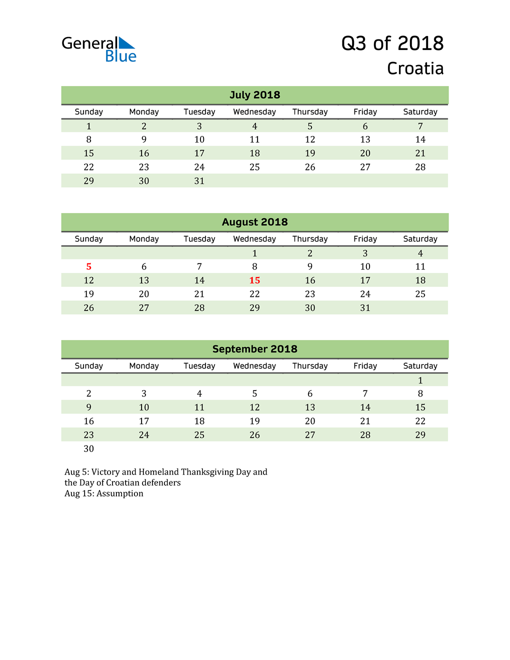  Quarterly Calendar 2018 with Croatia Holidays 