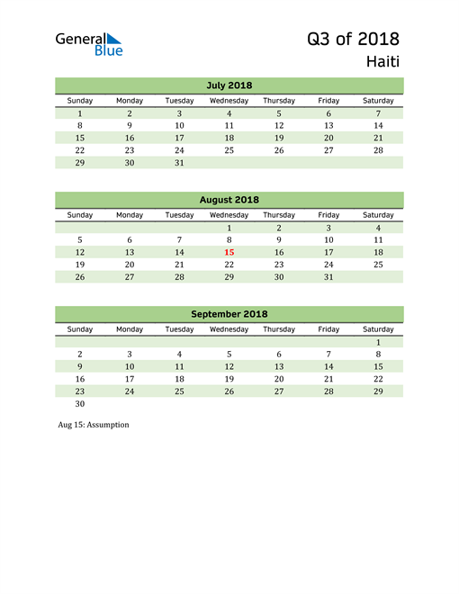  Quarterly Calendar 2018 with Haiti Holidays 