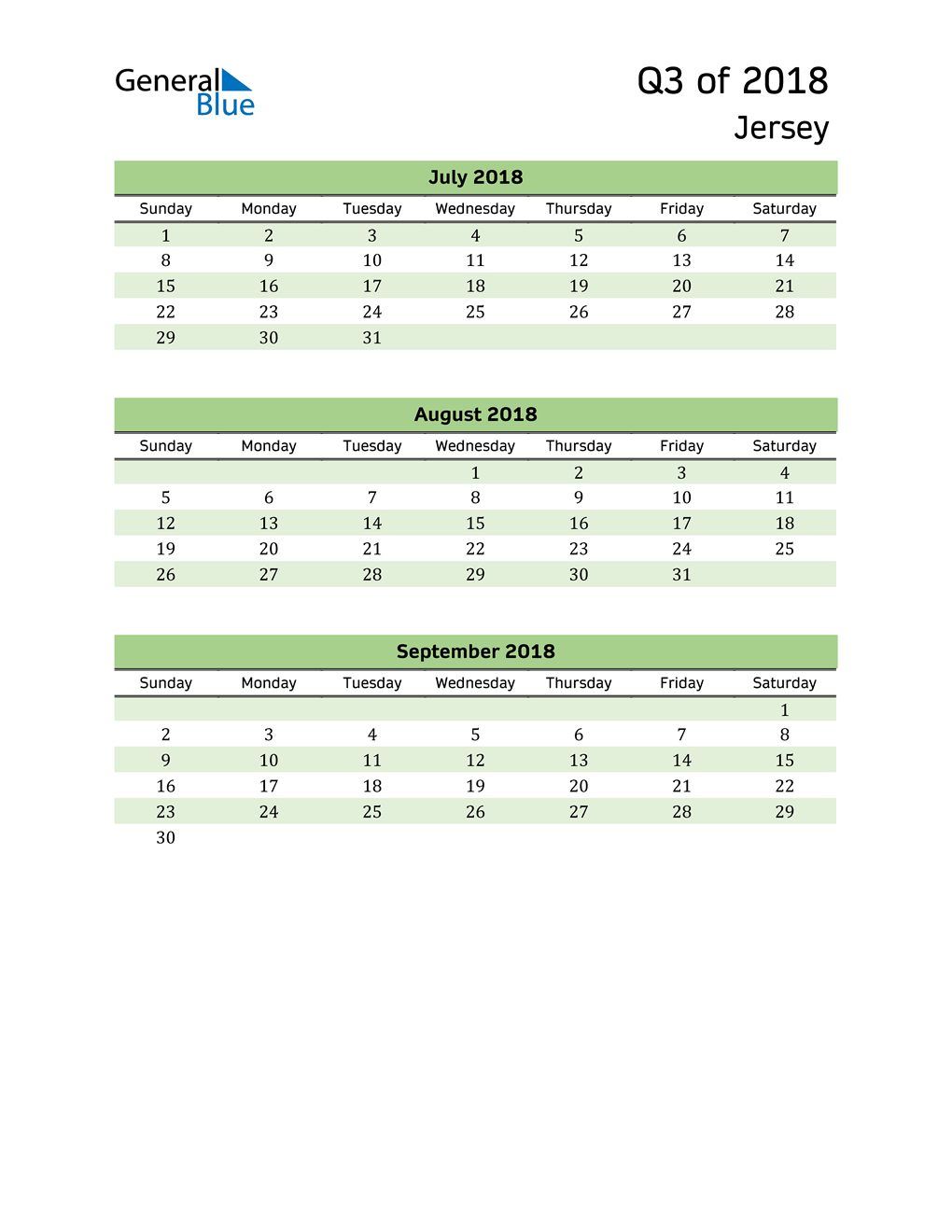  Quarterly Calendar 2018 with Jersey Holidays 