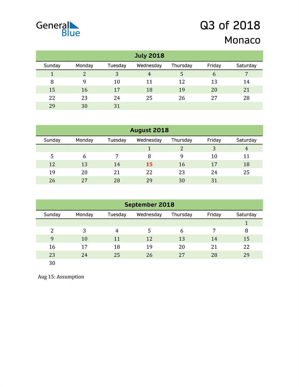  Quarterly Calendar 2018 with Monaco Holidays 