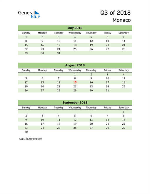  Quarterly Calendar 2018 with Monaco Holidays 