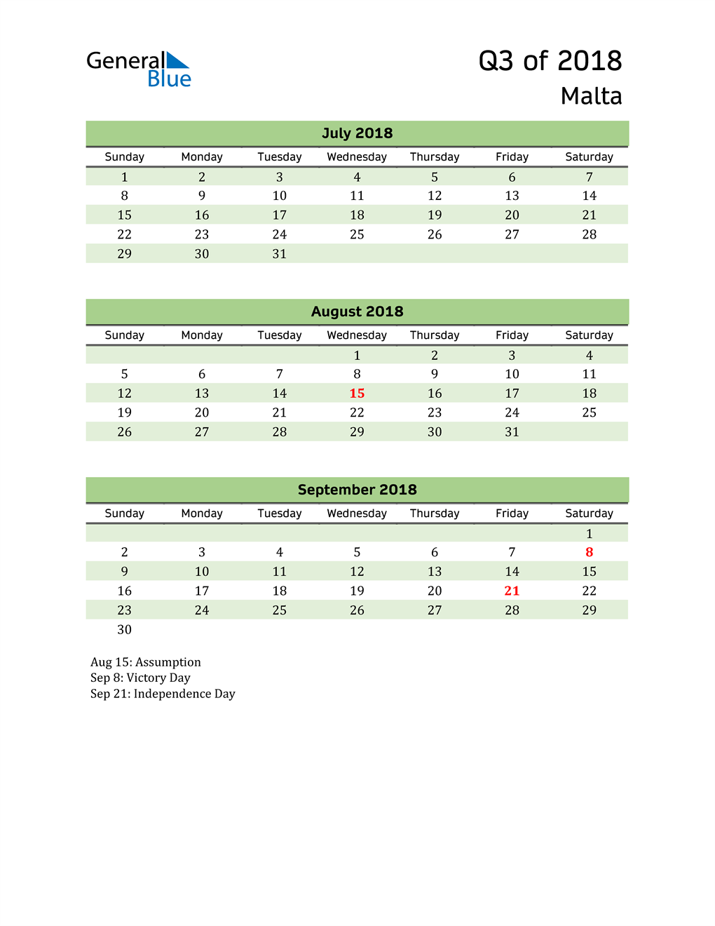  Quarterly Calendar 2018 with Malta Holidays 