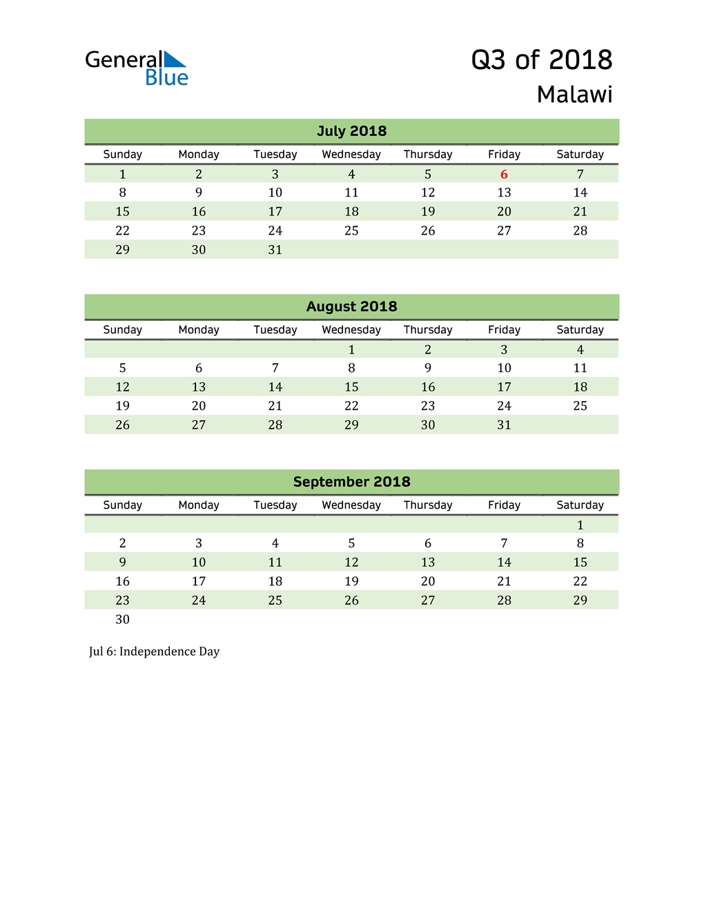  Quarterly Calendar 2018 with Malawi Holidays 