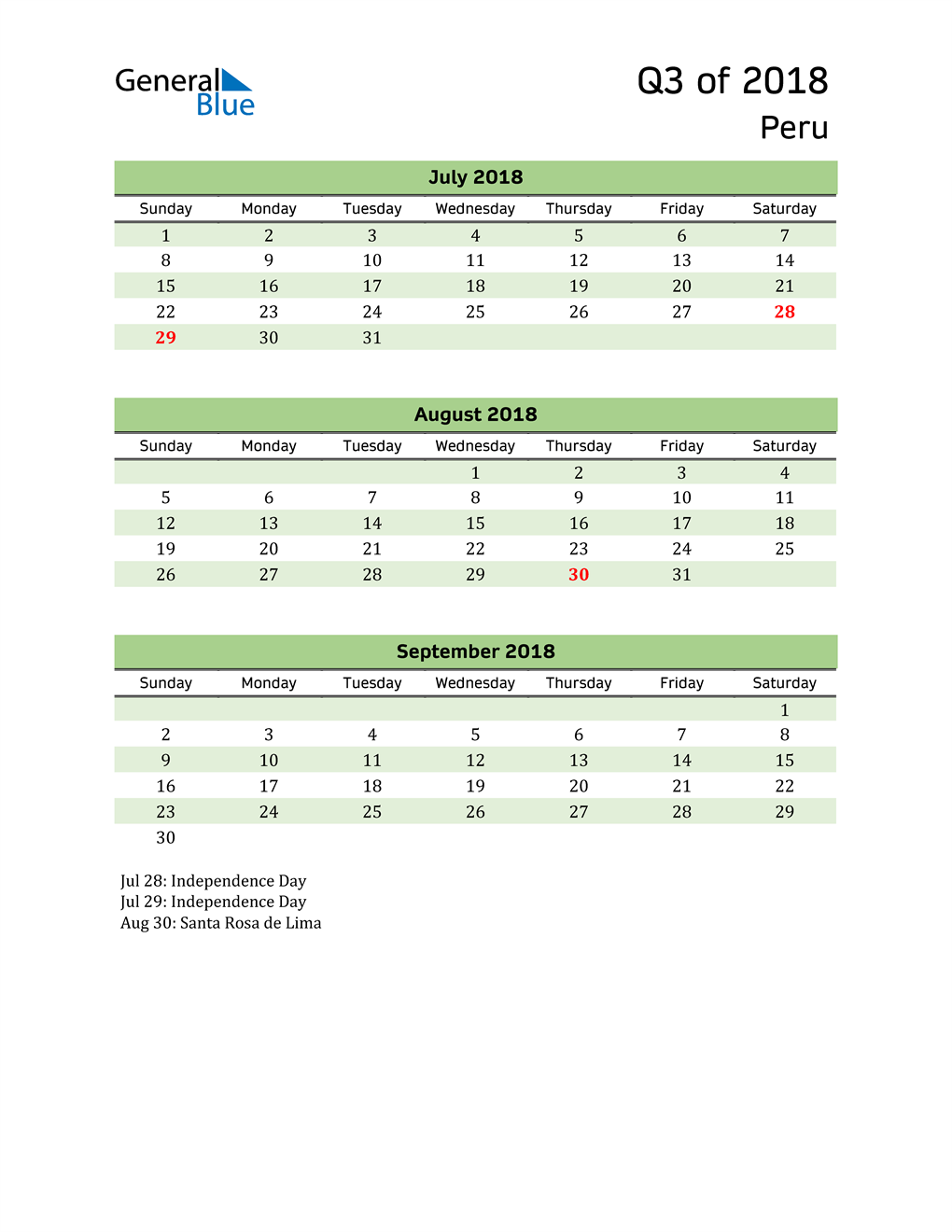  Quarterly Calendar 2018 with Peru Holidays 