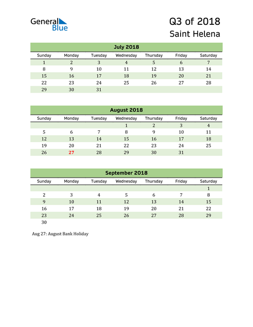  Quarterly Calendar 2018 with Saint Helena Holidays 