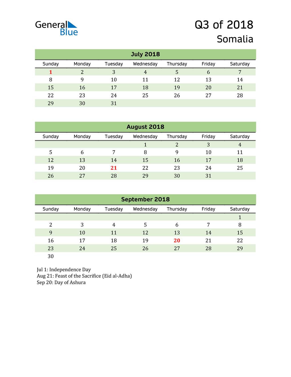  Quarterly Calendar 2018 with Somalia Holidays 