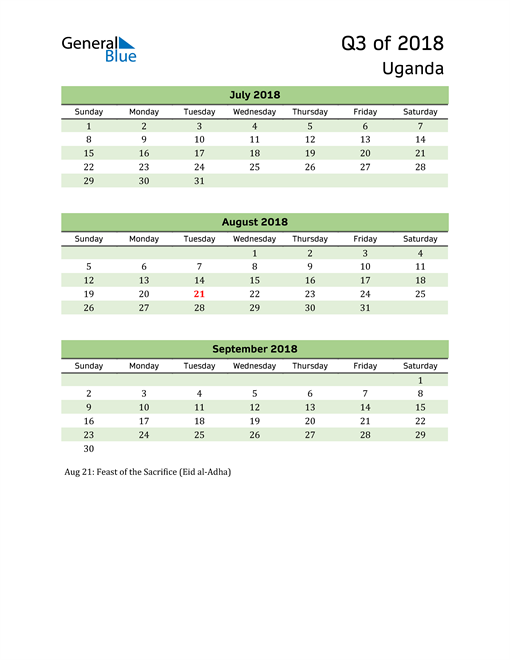  Quarterly Calendar 2018 with Uganda Holidays 