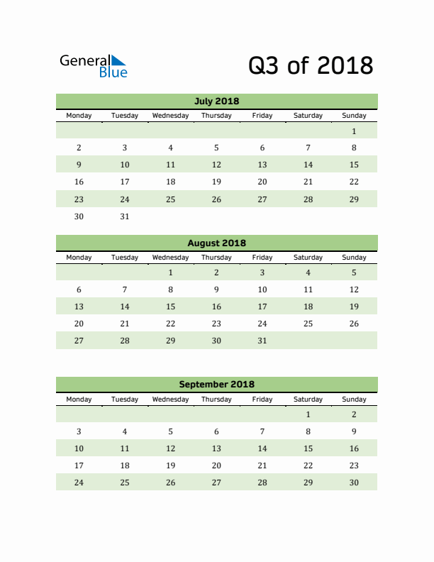 Printable Quarterly Calendar (Q3 2018)