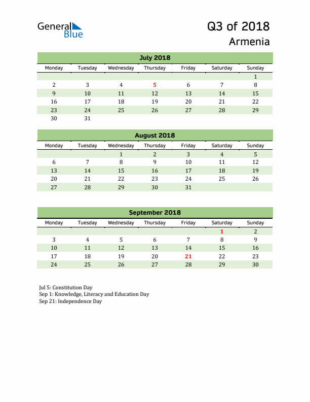 Quarterly Calendar 2018 with Armenia Holidays