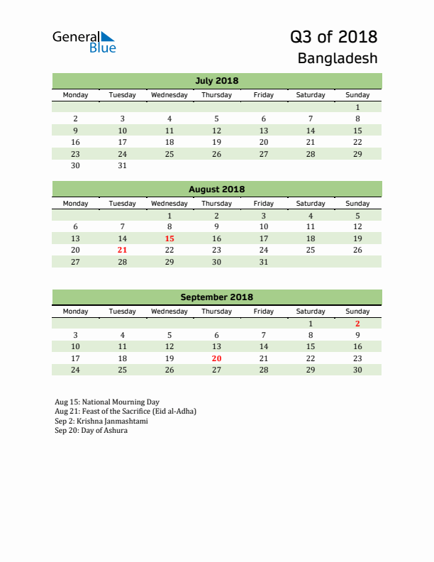 Quarterly Calendar 2018 with Bangladesh Holidays