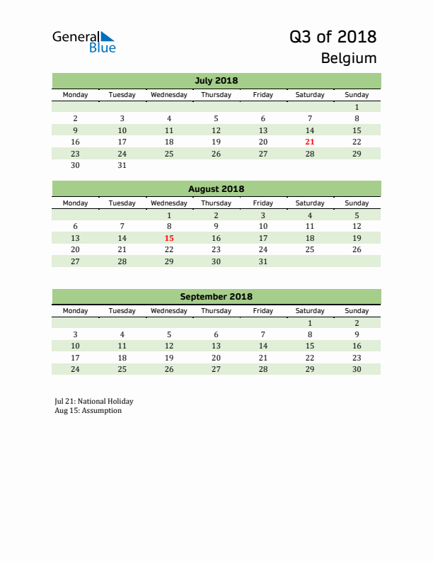 Quarterly Calendar 2018 with Belgium Holidays